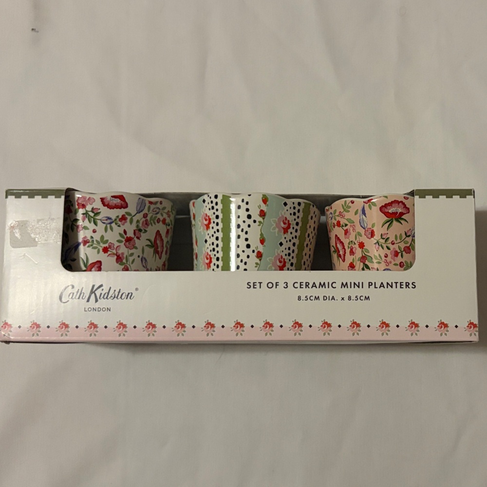 Cath Kidston Floral Ceramic Mini Planter Set in Pink, Cream & Green